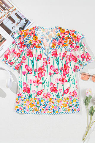Pink Floral Print Striped Detail Split Neck Short Sleeve Blouse, A Blissfully Beautiful Boutique - A Blissfully Beautiful Boutique