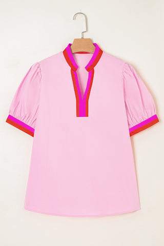 Pink Contrast Striped V Neck Collision Short Puff Sleeve Blouse, A Blissfully Beautiful Boutique - A Blissfully Beautiful Boutique