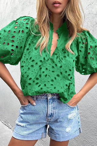 Green Flower Embroidered Hollow-out Puff Sleeve Blouse, A Blissfully Beautiful Boutique - A Blissfully Beautiful Boutique