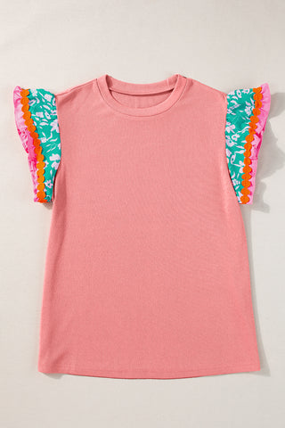 Peach Blossom Contrast Ricrac Floral Sleeve Top, A Blissfully Beautiful Boutique - A Blissfully Beautiful Boutique