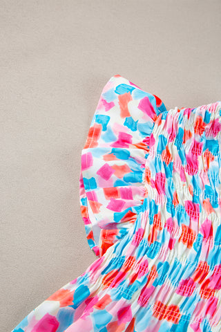 Sky Blue Shirred Yoke Ruffled Abstract Printed Blouse, A Blissfully Beautiful Boutique - A Blissfully Beautiful Boutique