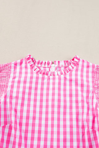 Rose Red Checkered Ruffled Sleeve Frilled Neck Blouse, A Blissfully Beautiful Boutique - A Blissfully Beautiful Boutique