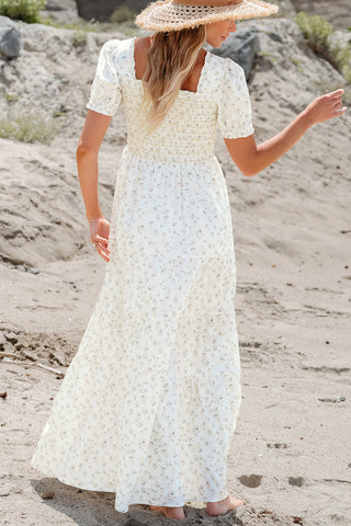 White Frilly Shirred Bodice Tiered Floral Maxi Dress, A Blissfully Beautiful Boutique - A Blissfully Beautiful Boutique
