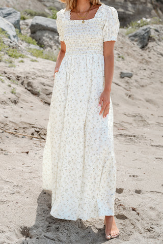 White Frilly Shirred Bodice Tiered Floral Maxi Dress, A Blissfully Beautiful Boutique - A Blissfully Beautiful Boutique