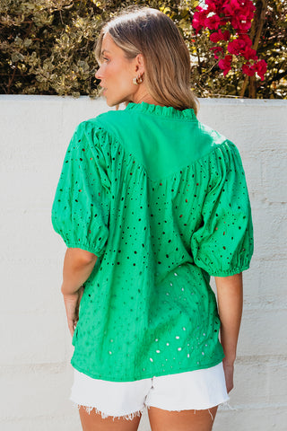 Green Flower Embroidered Hollow-out Puff Sleeve Blouse, A Blissfully Beautiful Boutique - A Blissfully Beautiful Boutique