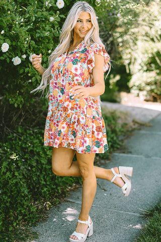 Purple Floral Print Split Neck Flutter Sleeve Dress, A Blissfully Beautiful Boutique - A Blissfully Beautiful Boutique