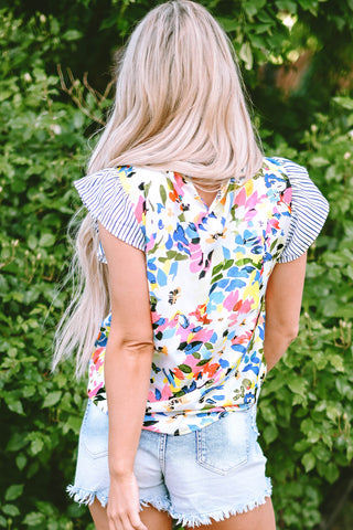 Light Blue Floral Print Striped Ruffled Sleeve Blouse, A Blissfully Beautiful Boutique - A Blissfully Beautiful Boutique