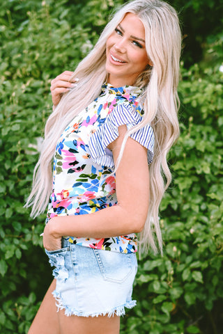 Light Blue Floral Print Striped Ruffled Sleeve Blouse, A Blissfully Beautiful Boutique - A Blissfully Beautiful Boutique