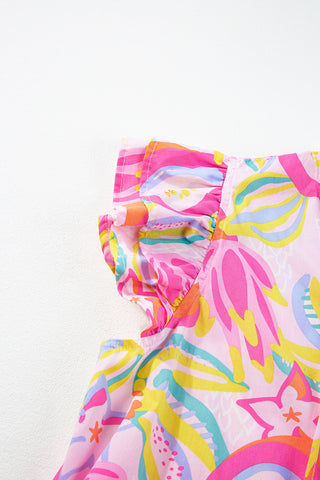 Pink Abstract Floral Ruffle Trim Flutter Sleeve Buttoned Dress, A Blissfully Beautiful Boutique - A Blissfully Beautiful Boutique