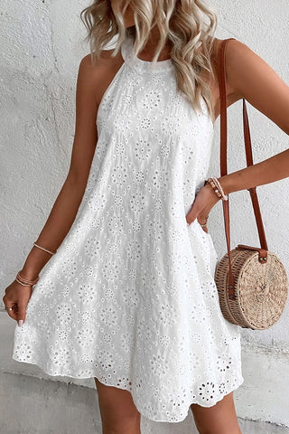 White Boho Eyelet Pattern Halter Neck Sleeveless Dress, A Blissfully Beautiful Boutique - A Blissfully Beautiful Boutique