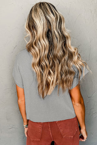Gray Patch Pocket Ribbed Knit Short Sleeve Sweater, A Blissfully Beautiful Boutique - A Blissfully Beautiful Boutique