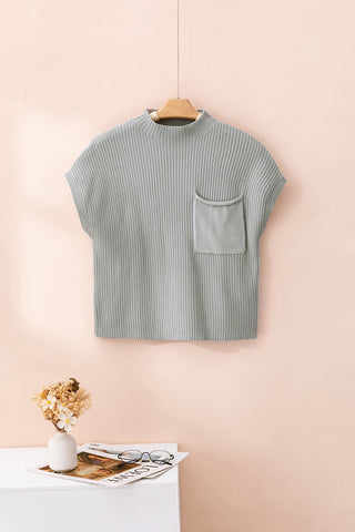 Gray Patch Pocket Ribbed Knit Short Sleeve Sweater, A Blissfully Beautiful Boutique - A Blissfully Beautiful Boutique