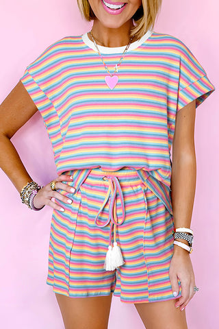 Pink Stripe Crew Neck Tee and Tasseled Drawstring Shorts Set, A Blissfully Beautiful Boutique - A Blissfully Beautiful Boutique
