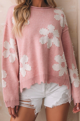 Multicolour Pearl Beaded Floral Drop Shoulder Sweater, A Blissfully Beautiful Boutique - A Blissfully Beautiful Boutique