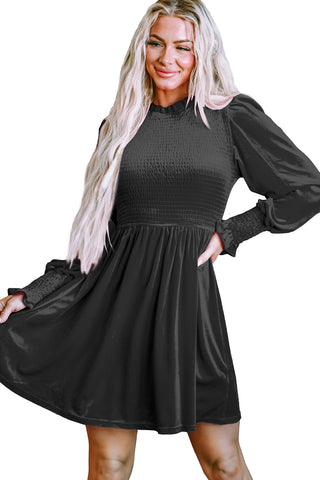Black Frilled Neck Smocked Bodice Velvet Dress, A Blissfully Beautiful Boutique - A Blissfully Beautiful Boutique