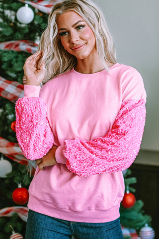 Pink Sequin Patchwork Long Sleeve Pullover Top, A Blissfully Beautiful Boutique - A Blissfully Beautiful Boutique