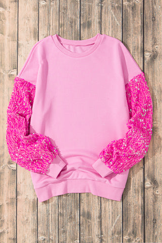 Pink Sequin Patchwork Long Sleeve Pullover Top, A Blissfully Beautiful Boutique - A Blissfully Beautiful Boutique