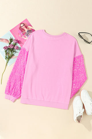 Pink Sequin Patchwork Long Sleeve Pullover Top, A Blissfully Beautiful Boutique - A Blissfully Beautiful Boutique
