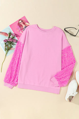 Pink Sequin Patchwork Long Sleeve Pullover Top, A Blissfully Beautiful Boutique - A Blissfully Beautiful Boutique