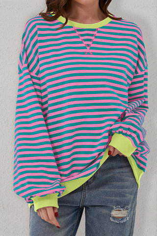Green Stripe Oversized Contrast Trim Pullover Sweatshirt, A Blissfully Beautiful Boutique - A Blissfully Beautiful Boutique