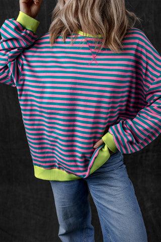 Green Stripe Oversized Contrast Trim Pullover Sweatshirt, A Blissfully Beautiful Boutique - A Blissfully Beautiful Boutique