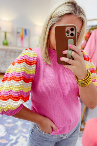 Pink Ribbed Knit Contrast Sleeve Sweater Top, A Blissfully Beautiful Boutique - A Blissfully Beautiful Boutique