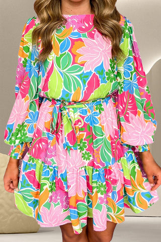 Printed Tie Waist Lantern Sleeve Mini Dress, Trendsi - A Blissfully Beautiful Boutique