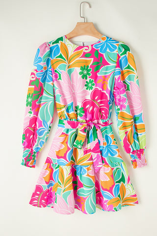 Printed Tie Waist Lantern Sleeve Mini Dress, Trendsi - A Blissfully Beautiful Boutique