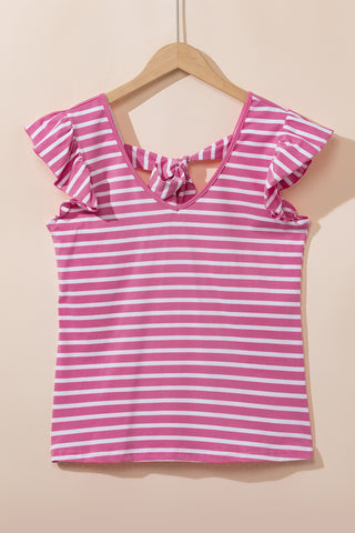 Pink Stripe Butterfly Sleeve V Neck Hollowed Knot Back T Shirt, A Blissfully Beautiful Boutique - A Blissfully Beautiful Boutique