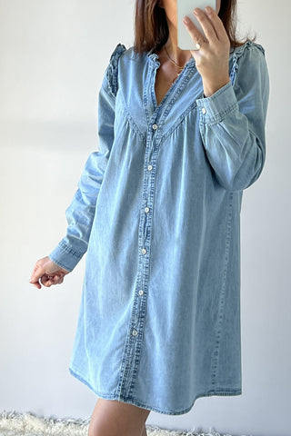 Myosotis Ruffled V Neck Buttoned Shift Denim Dress, A Blissfully Beautiful Boutique - A Blissfully Beautiful Boutique