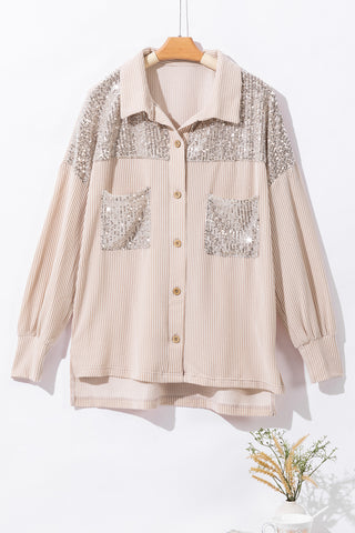 Parchment Sequin Patch Chest Pocket Corded Shacket, A Blissfully Beautiful Boutique - A Blissfully Beautiful Boutique