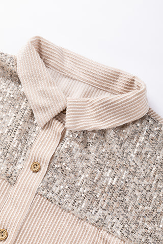Parchment Sequin Patch Chest Pocket Corded Shacket, A Blissfully Beautiful Boutique - A Blissfully Beautiful Boutique