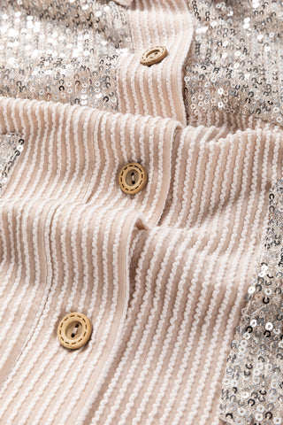 Parchment Sequin Patch Chest Pocket Corded Shacket, A Blissfully Beautiful Boutique - A Blissfully Beautiful Boutique