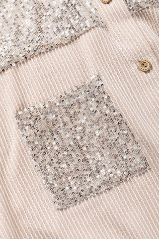 Parchment Sequin Patch Chest Pocket Corded Shacket, A Blissfully Beautiful Boutique - A Blissfully Beautiful Boutique