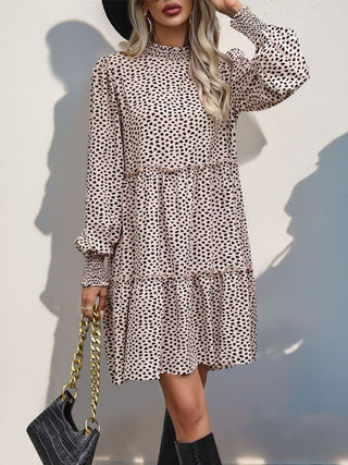 Frill Printed Mock Neck Long Sleeve Mini Dress, Trendsi - A Blissfully Beautiful Boutique