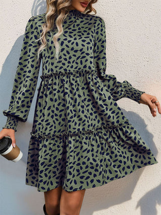 Frill Printed Mock Neck Long Sleeve Mini Dress, Trendsi - A Blissfully Beautiful Boutique