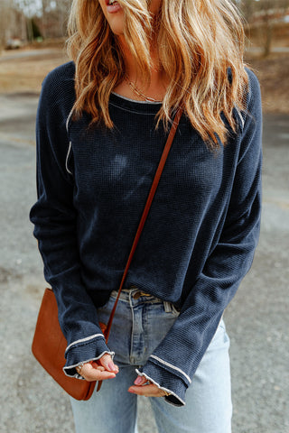 Blue Textured Round Neck Long Sleeve Top, A Blissfully Beautiful Boutique - A Blissfully Beautiful Boutique
