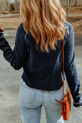Blue Textured Round Neck Long Sleeve Top, A Blissfully Beautiful Boutique - A Blissfully Beautiful Boutique