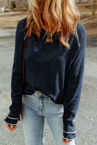 Blue Textured Round Neck Long Sleeve Top, A Blissfully Beautiful Boutique - A Blissfully Beautiful Boutique