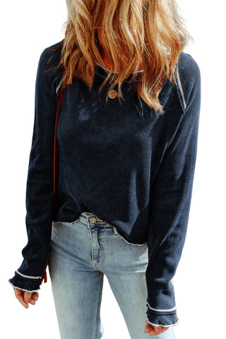 Blue Textured Round Neck Long Sleeve Top, A Blissfully Beautiful Boutique - A Blissfully Beautiful Boutique