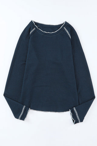 Blue Textured Round Neck Long Sleeve Top, A Blissfully Beautiful Boutique - A Blissfully Beautiful Boutique