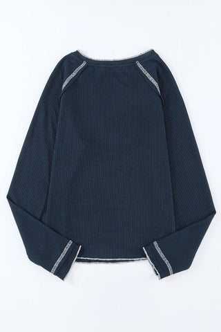Blue Textured Round Neck Long Sleeve Top, A Blissfully Beautiful Boutique - A Blissfully Beautiful Boutique