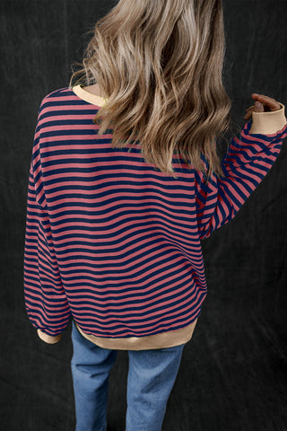 Red Stripe Oversized Contrast Trim Pullover Sweatshirt, A Blissfully Beautiful Boutique - A Blissfully Beautiful Boutique