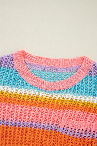 Pink Stripe Colorblock Hollowed Crochet 3/4 Sleeve Sweater, A Blissfully Beautiful Boutique - A Blissfully Beautiful Boutique