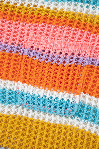 Pink Stripe Colorblock Hollowed Crochet 3/4 Sleeve Sweater, A Blissfully Beautiful Boutique - A Blissfully Beautiful Boutique