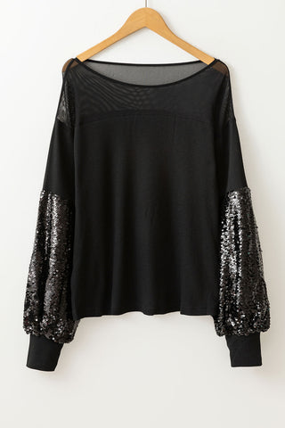 Black Sequin Patchwork Lantern Sleeve Blouse, A Blissfully Beautiful Boutique - A Blissfully Beautiful Boutique