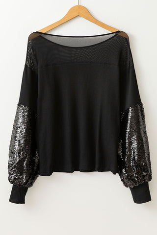 Black Sequin Patchwork Lantern Sleeve Blouse, A Blissfully Beautiful Boutique - A Blissfully Beautiful Boutique