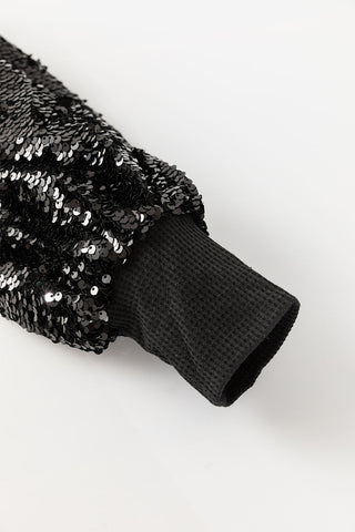 Black Sequin Patchwork Lantern Sleeve Blouse, A Blissfully Beautiful Boutique - A Blissfully Beautiful Boutique