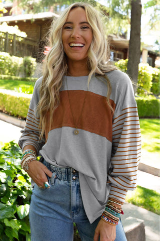 Gray Colorblock Striped Bishop Sleeve Top, A Blissfully Beautiful Boutique - A Blissfully Beautiful Boutique