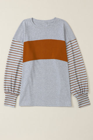 Gray Colorblock Striped Bishop Sleeve Top, A Blissfully Beautiful Boutique - A Blissfully Beautiful Boutique